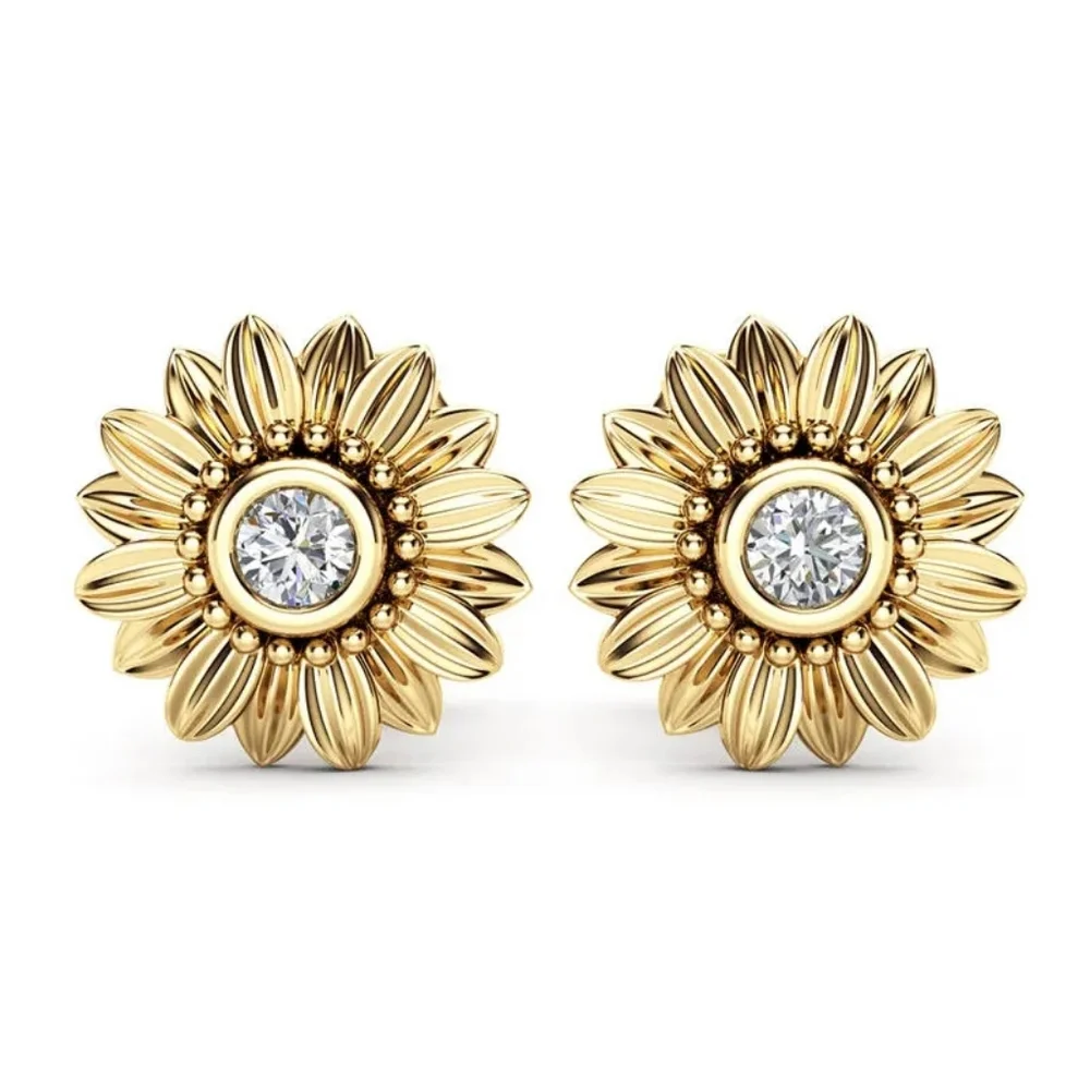 **18k** Yellow & Rose Gold Silver Diamond Sunflower Stud Earrings - Picture 5 of 7